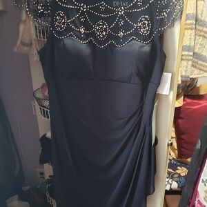 Elegant Asymmetrical Navy Dress with Beaded Detail